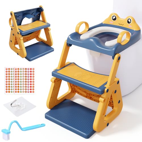 ZUSUZU Adaptador WC Niños con Escalera,Estabilizar Reductor Wc Niños con Estructura Triangular,Inodoro de Entrenamiento 3 en 1 para Niños,Cojín de PVC Impermeable,Antideslizante y Plegable,Azul