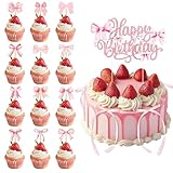 LLMSIX 19pcs Pink Bow Cake Topper with Happy Birthday Sign, Bow Cupcake Toppers, Bowknot Happy Birthday Cake Topper for Birthdays Party Decorations Accessory Supplies