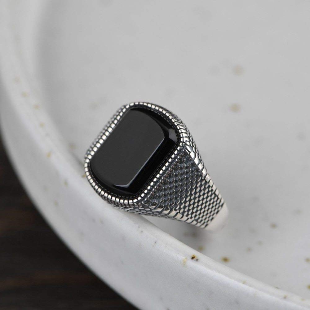HGJH Silberringe Damen 925,925 Sterling Silber Großer Quadratischer Schwarzer Onyx Ring Natürliche Vintage Klobige Punk Verstellbare Ringe Edelstein Energie Charme Hochzeit Schmuck Geschenke Für Männ