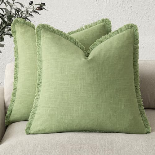Image of Foindtower Set of 2 Decorative Linen Fringe Throw Pillow Covers Cozy Boho Farmhouse Cushion Cover with Tassels Soft Accent Pillowcase for Couch Sofa Bed Living Room Home Decor,26x26 Inch,Lime Green