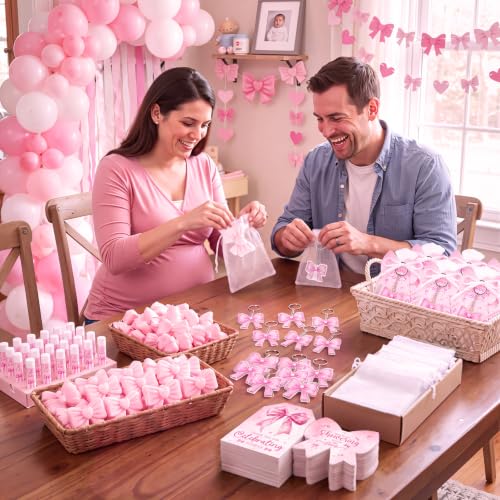 Image of 288 Pcs Baby Shower Favors Set for Guests,Pink,Bow | Boys Gender Reveal Party Set, Keychains Organza Bags Thank You Cards, Bear Theme Guest Favors, Complete Bulk Kit