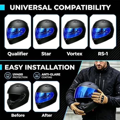 Image of PSLER Shatterproof Helmet Visor for Bell Qualifier,Deep Blue | Impact-Resistant ,UV400 Protection, Motorcycle Tinted Face Shield Replacement for Bell Qualifier /Star /Vortex /RS-1 /Revolver