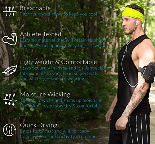 E Tronic Edge Headbands for Men & Women - Headband for Sports, Workout, Running - Comfortable, Quick Drying Head Bands for Long Hair, Mens & Womens, Fluorescent Yellow