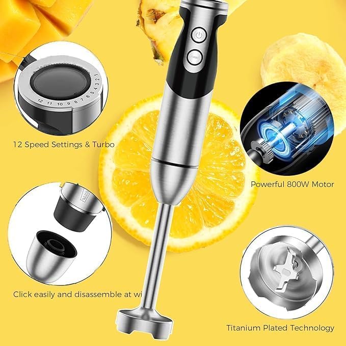 MegaWise Blender Handheld 12-Speed Stainless Steel Electric Hand Blender, 3 in 1 Immersion Handheld Blender?with Sturdy Titanium Plated Stainless Steel Blades(black)
