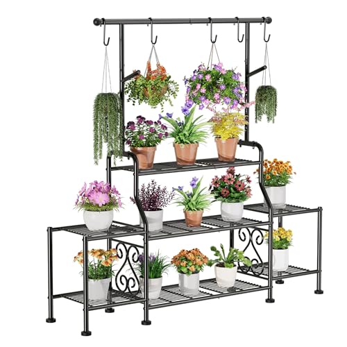 GIOTORENT 3-Tier Tall Metal Plant Stand Indoor Outdoor - Heavy Duty Plant Shelf for Garden Patio Balcony with 5 Hanging Hooks Holds 16-25 Plants Black