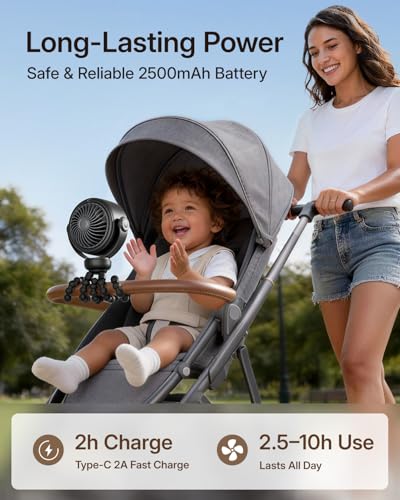 Image of SWEETFULL Portable Stroller Fan, Pinch-Proof Baby Fan - Black | Wide Turbine Airflow; Safe Design; LED Display; 5-Speed; 30dB Quiet; USB-C Rechargeable; Mini Clip On Fan for Car Seat & Bed