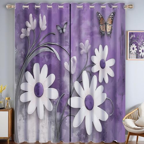 MULERN Cortinas Salon Termicas, Aislantes Frio Y Calor 140An X 260Al Cm Cortinas,Margaritas Mariposas Opacas Cortinas, Arte Floral Dormitorio Cortina Blackout para Riel Cortinas 2 Piezas