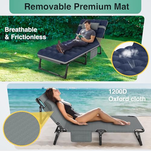 Image of Suteck Folding Camping Cot, Adjustable 5+2 Positions Reclining Portable Outdoor Cot Heavy Duty Sleeping Bed Cots w /Pillow Mat Carry Bag, Chaise Lounge Chair for Home Office Nap Beach Pool Patio Travel