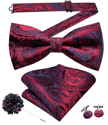 Image of Hi-Tie Bow Tie Men Pre Tied Bowtie Pocket Square Cufflinks Lapel Pin Formal Wedding Bow Ties for Men Party Tuxedo Bowtie Set,Navy Blue Red Paisley Floral