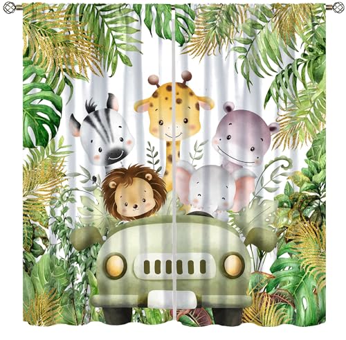 AAVEUP Jungle Safari Animals Blackout Curtains,Cartoon Animals Lion Giraffe Elephant Woodland Tropical Leaf Green Windows Treatments for Kids Nursery Baby Living Room Bedroom 52x96in