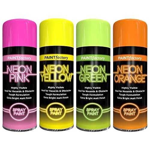 Classic Signature 4 x Fluorescent Bright Neon Spray Paint Multipurpose Aerosol DIY Graffiti (Banksey) N0 CFCs Extra Bright Assorted Colours Paint Green Orange Pink Yellow 400ml - D18