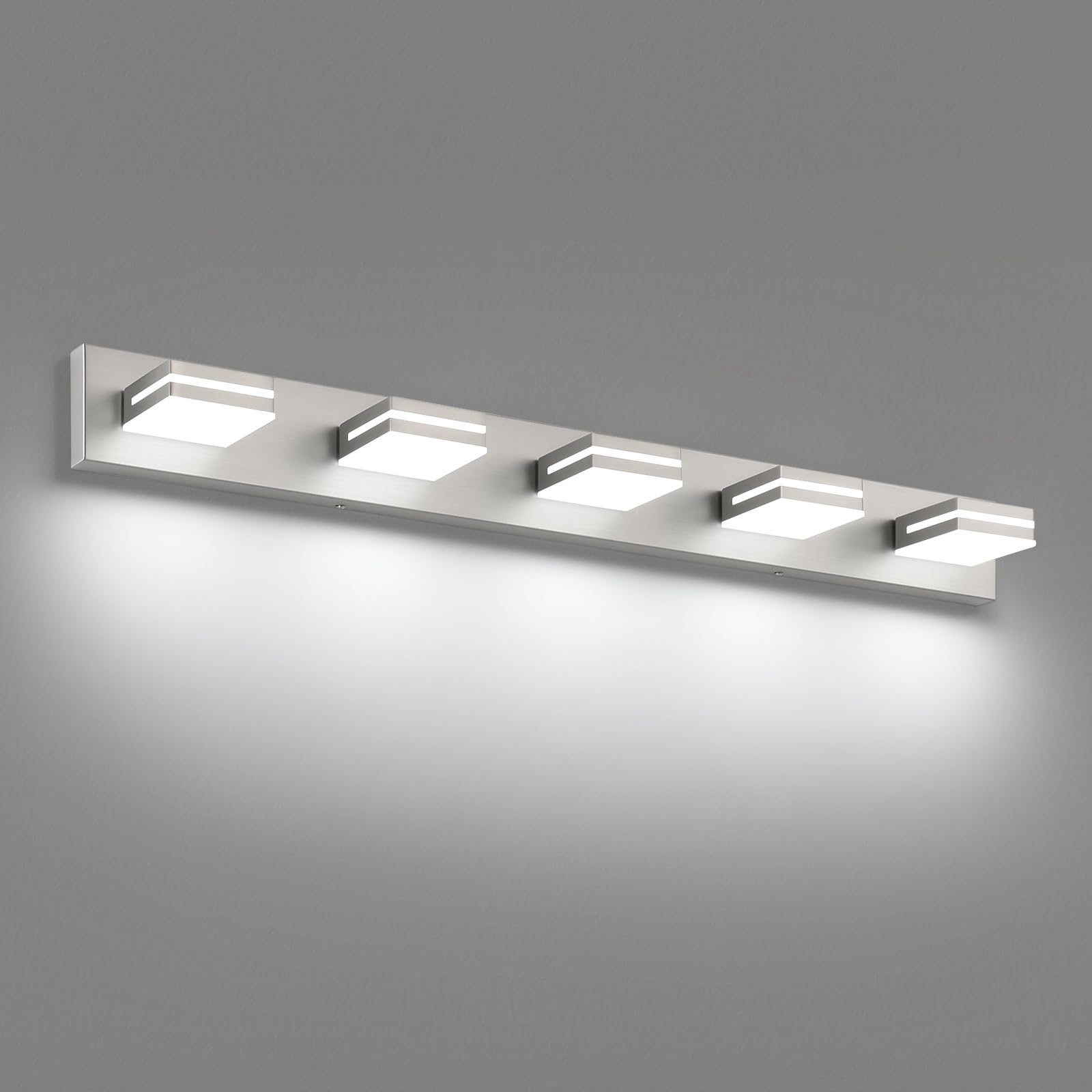 SineRise LED Modern Bathroom Vanity Light Fixtures, Modern Acrylic Bathroom Wall Lighting Fixtures Over Mirror, 5-Light, 40-Inch, Nickel, White