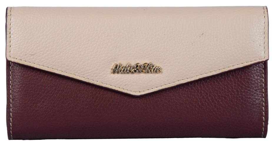 HIDE & SKIN Leather Wallet for Women (Beige and Maroon)