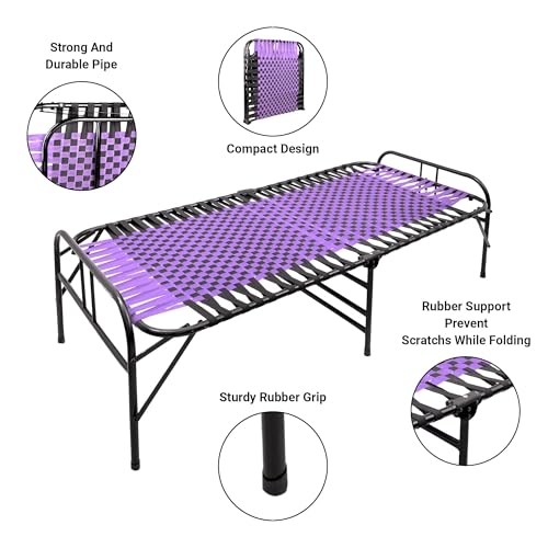 Image of Casa Copenhagen, Portable Single Folding Bed Heavy Duty Metal Cot Khat for Sleeping Bed Space Saving Design Sturdy Synthetic Niwar feet - Purple & Black