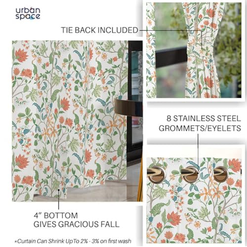 Image of Urban Space 100% Cotton Floral Curtains 5 Feet Long Set Of 2, 60-65% Room Darkening, Decorative Curtains With Eyelets /Rings For Hanging, Tieback Included (Noor, Window - 5 Feet), White