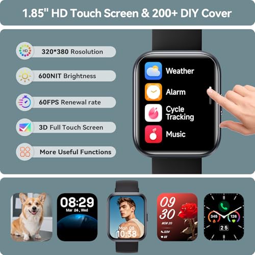 Image of Smart Watches for Women, 1.85 inch HD Smart Watch for Samsung /iPhone /Android, Fitness Tracker with 24 /7 Heart Rate /Sleep /SpO2 Monitor, Smartwatch 120+ Sports Modes 3ATM Waterproof (Jet Black, 1.8)