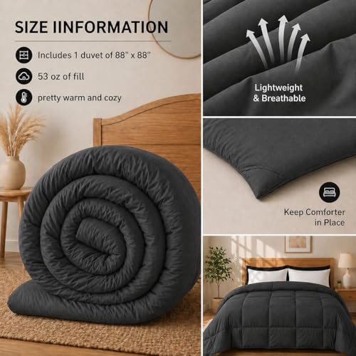 Image of Luxury Hotel Collection Cotton Comforter | All-Season Lightweight Quilt for Hot Sleepers | Plush, Breathable & Box-Stitched (Queen) Dark Grey