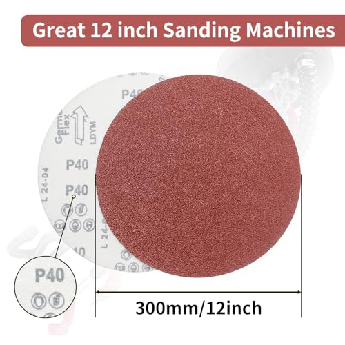 Image of 30 Pack 12 Inch Sanding Discs, 303mm Round No-Hole Hook and Loop Sandpaper for Wood & Metal Floor Orbital Sander, 40 60 80 120 180 Assorted Grits, Durable Anti-Clogging Grinder Accessorie