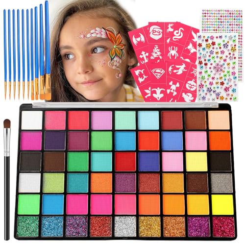Face Painting Kit for Kids, 54 Color Professional Face Painting Kits with 10 Brushes and Stencils，Water Based Non Toxic Face Paint for Kids