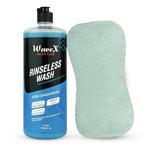 Image of Wavex Rinseless Wash RTU Combo with Washing Sponge | Eco-Friendly Car Wash Without Hose or Running Water | Quick & Safe Cleaning Solution for Cars & Bikes | Streak-Free, Glossy Finish | 1000ml