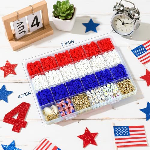 Image of Redtwo 4th of July Red White and Blue Clay Beads Bracelet Making Kit with USA Letter Beads, Patriotic Beads for Jewelry Making for Independence Veterans Day Party Favors, DIY Gifts with America Flag.