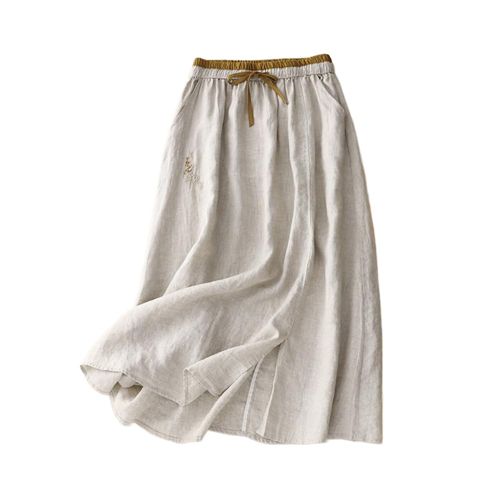 Röcke Damen,Damen Maxirock Beige Elastische Taille Retro-Knopf Baumwolle Leinen Faltenrock Mit Taschen A-Linie Swing Geraffte Elegante Lange Röcke Für Mädchen Damen,L
