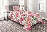 ABAKUHAUS Aquarell-Blumen Tagesdecke Set, Pfingstrosen und Rosen, Set mit Kissenbezug Weicher Stoff, für Einzelbetten 170 x 220 cm, Weiß Rosa Rot