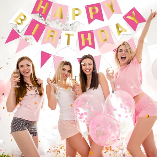 Image of Pink Happy Birthday Banner Pre-strung Happy Birthday Bunting Banner with Golden Letters Rose Pennant Flags Sparkle Birthdays Decor Pink Themed Party Supplies for Women Girls Kids Adults