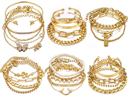 17IF 24-25 Pcs (6 Pack) 14K Gold Ankle Bracelets Set for Women Boho Stackable Bangles Cuff Charm Chunky Wrist Jewelry