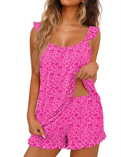 Image of Ekouaer Pajama for Women Set 2 Piece Ruffle Cami Top and Shorts Pjs | Soft Sleepwear, Lightweight Sexy Sleep Pj for Lounging, Date Nights, Honeymoon, Bridal Preparation, Holidays, or Wedding Day
