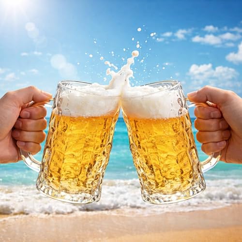 Image of PrimeWorld 480 ml Thailand Beer Mug Set of 2 | Heavy Glass Beer Steins with Handle | Sturdy Base, Freezer-Friendly Beer Glasses for Home Bar, BBQ & Parties
