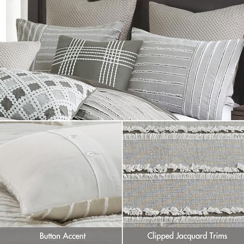 Image of Madison Park Queen Comforter Set, Removable 100% Cotton Duvet Cover Queen Size with Insert, Farmhouse Bedding, Textured Stripe Clipped Jacquard Accent, Queen, Grey 8 Piece