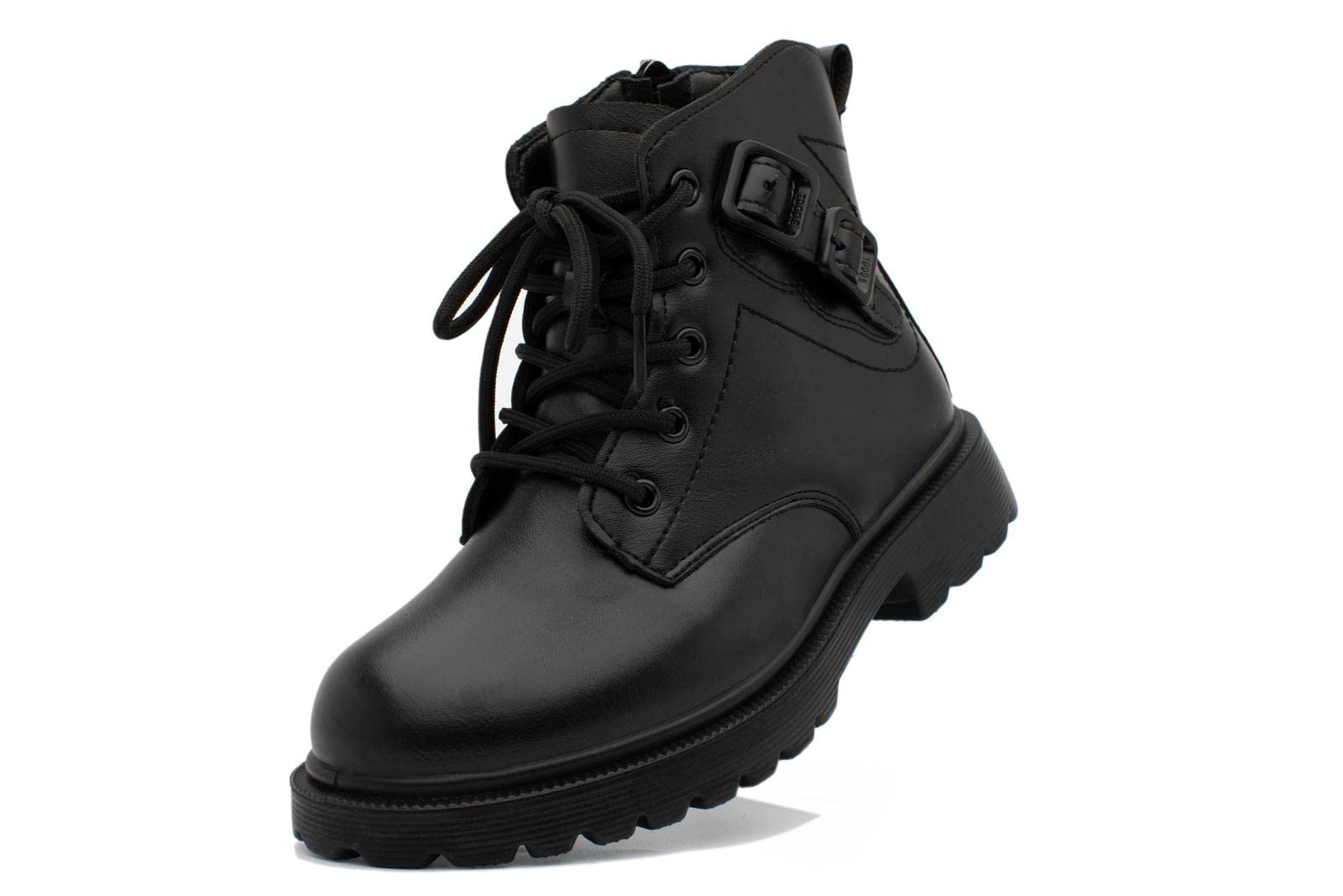 Lucky KidsUnisex Boys Girls Ankle Winter Boots Lace Up Side Zipper Synthetic Leather Shoes With Side Buckle for Little/Big Kids