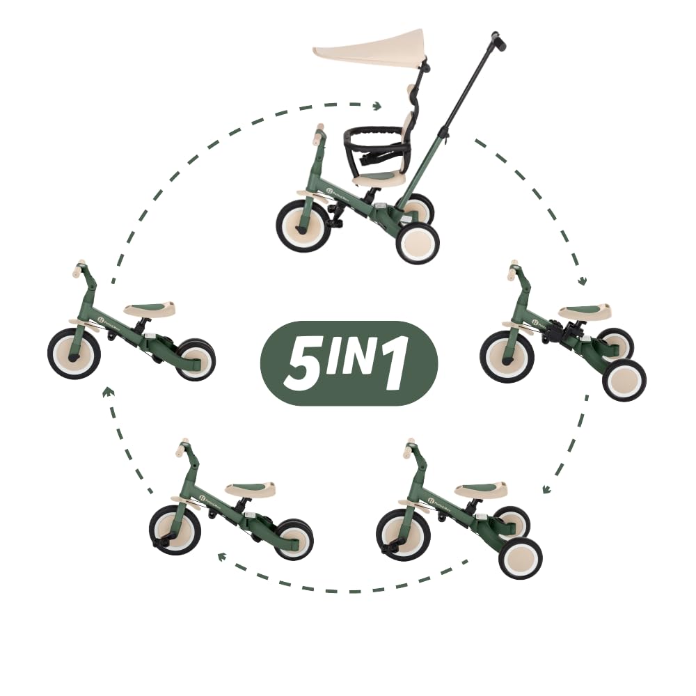 PETITE&MARS Turbo Plus 5in1 Kinder-Dreirad & Laufrad | Multifunktionales 3–5-Rad mit Sonnendach | Für 1,5–5 Jahre | Abnehmbarer Pedalantrieb, Verstellbarer Sitz, Gurt, PU-Räder (Misty Green)