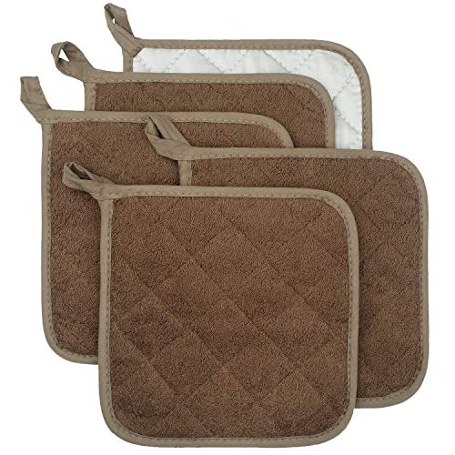 pot holder brown - 100% Cotton Kitchen Everyday Basic Terry Pot Holder Heat Resistant Coaster Potholder for Cooking and Baking Set of 5 Brown