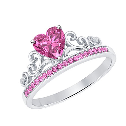 Tiara Princess Promise Heart Crown Ring Pink Sapphire 14k White Gold Plated for Women's.2