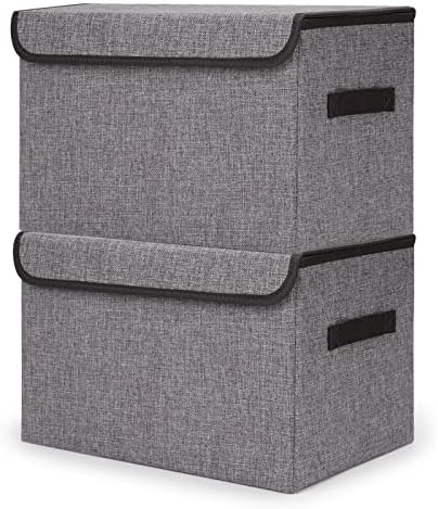 Bagnizer Large Fabric Storage Bins with Lids [2-Pack] Linen Collapsible Foldable Storage Cubes, Closet Organizer Containers boxes with Flip-Top Lid & Handles for Home Bedroom Office (16.7 x 12 x 12, Gray)