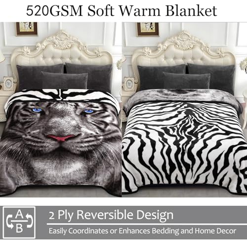 Image of JYK Soft Fleece Bed Blanket King Size 5.7 LB, Korean Style 2 Ply Reversible Fluffy Flannel Blanket Microfiber, Warm Cozy Blanket for Autumn, Winter 83x91 Inches - Black White Tiger /Tiger Stripes