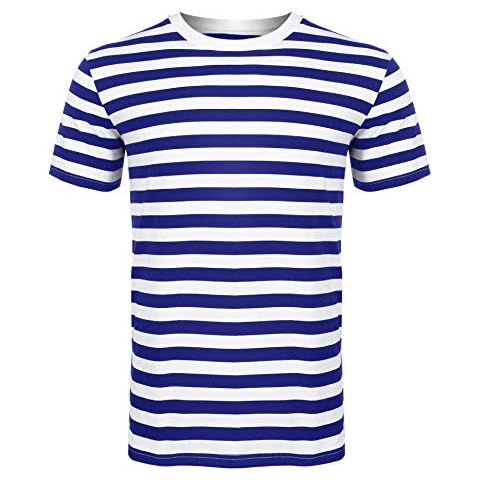 Sykooria Round Neck Pinstripe Striped T-Shirt for Men Navy Blue & White Strip Casual Short Sleeve Tops for Men Cover