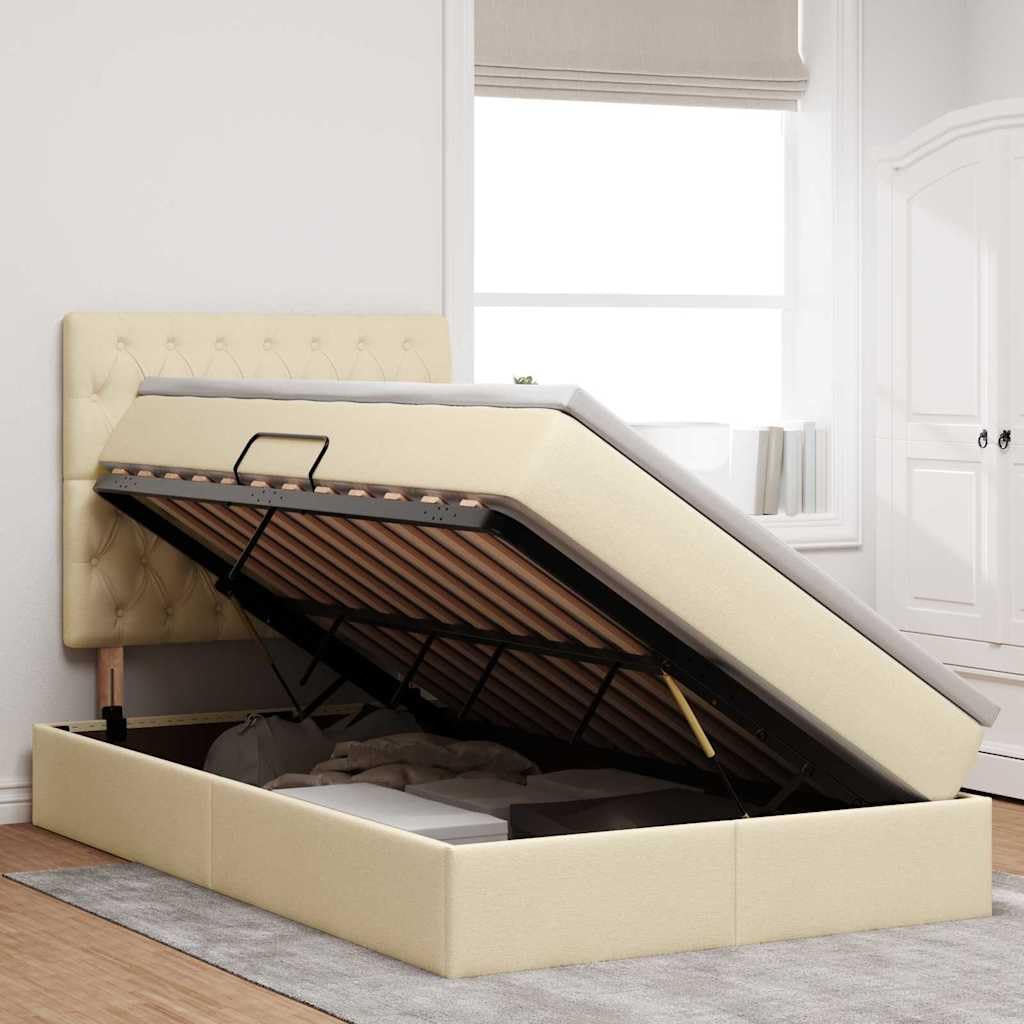 Cama de almacenamiento con colchón crema de 120 x 190 cm, material con marco de metal, cabecero, elevador lateral hidráulico, amplio espacio de almacenamiento y estante para dormitorio