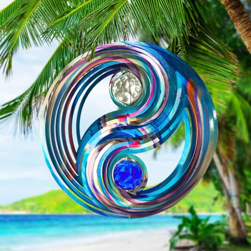 Image of FONMY Mandala Wind Spinner w /Crystal Ball-Fengshui 3D Stainless Steel Hanging Spinners Worth Gift Christmas Decoration Indoor /Outdoor Garden Decor Kinetic Yard Art 12 Inches Wind Sculpture