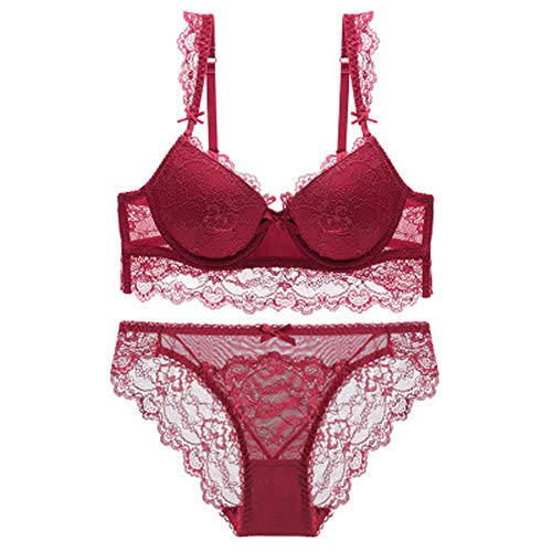 RedSwan Women's Push Up Sexy Bras Set Transparent Lingerie Lace Underwear Set (38/85B, NO 1 Red)