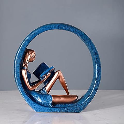 Nayoroom Skulpturen Dekofigur Yoga-Mädchen liest EIN Buch Frau Figuren Blau + Gold aus Harz Elegante Deko Statuen Cover