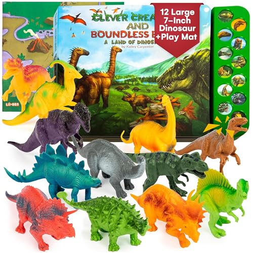 Image of Li'l-Gen Dinosaur Toy Set for Kids Ages 3-5 - Sound Book with Realistic Roars and 12 Large 7-Inch Dino Figures - Educational Playset for Toddlers and Imaginative Exploration