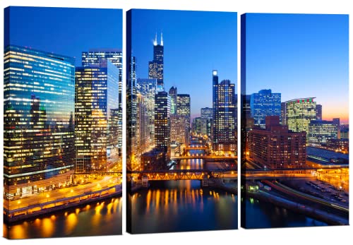 Chicago Wall Art Decor - Chicago Skyline Canvas Art Picture - Modern, 3 Piece Panoramic Downtown City Print Photo - Three Panel Framed Artwork Poster For Living Room, Bedroom, Office & Home Decor Gift #TOP25