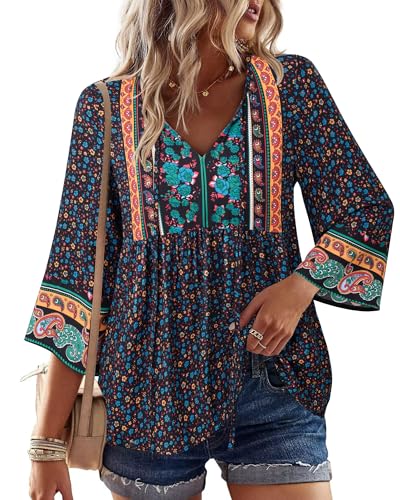Image of Unixseque Blouses for Women Casual: Cute Summer Top Floral Printed Peasant Blouse - 3/4 Sleeve Tops for Women - Boho Babydoll Fashion Clothing 2025 Travel Cute Summer Clothes Ladies Tops and Blouses