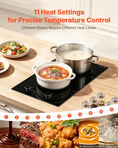 Image of VEVOR Electric Cooktop 12in 2 Burners Portable Stove Top 1800W 120V Plug In, Ceramic Countertop /Built-in Radiant Electric Stove, with 11 Power Levels, Over-Heat Guard, Knob Control