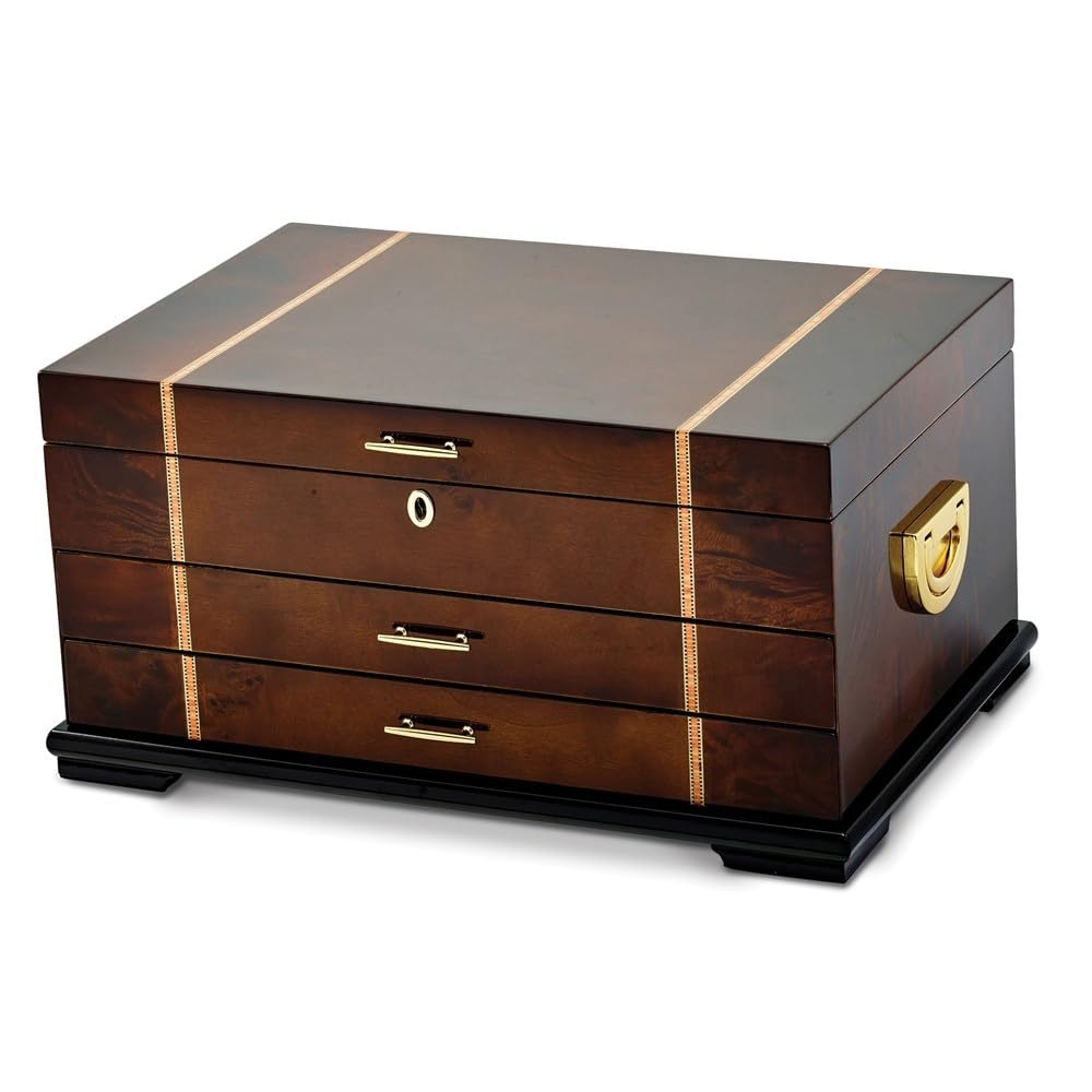 Diamond2Deal High Gloss Rustic Burlwood Walnut Inlay 2-Drawer Jewelry Chest