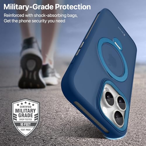 Image of eller sante Maximus Back Cover Case for iPhone 16 Pro max with Magnetic Alloy Ring Metal Kickstand Camera Protector TPU Shockproof 10ft Drop Protection Compatible with Mag-Safe- Blue