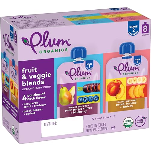 Plum Organics Stage 2 Organic Baby Food – Fruit and Veggie Variety Pack – 4 oz Pouch (Pack of 8) – Organic Fruit and Vegetable Baby Food Pouch